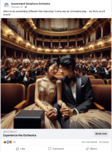 The Queensland Symphony Orchestra's Facebook ad with an AI-generated image of a couple at the orchestra.