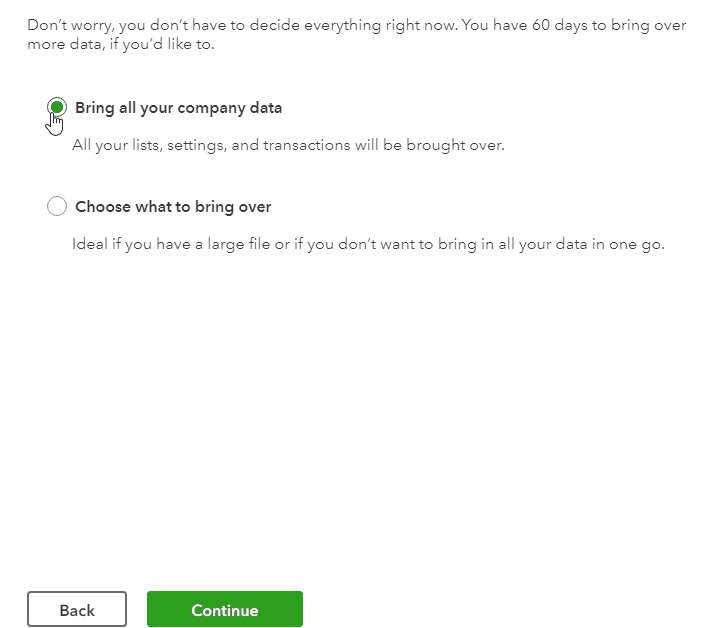 Screen where you can select whether to bring all data to QuickBooks Online to choose specific data like lists and account balances