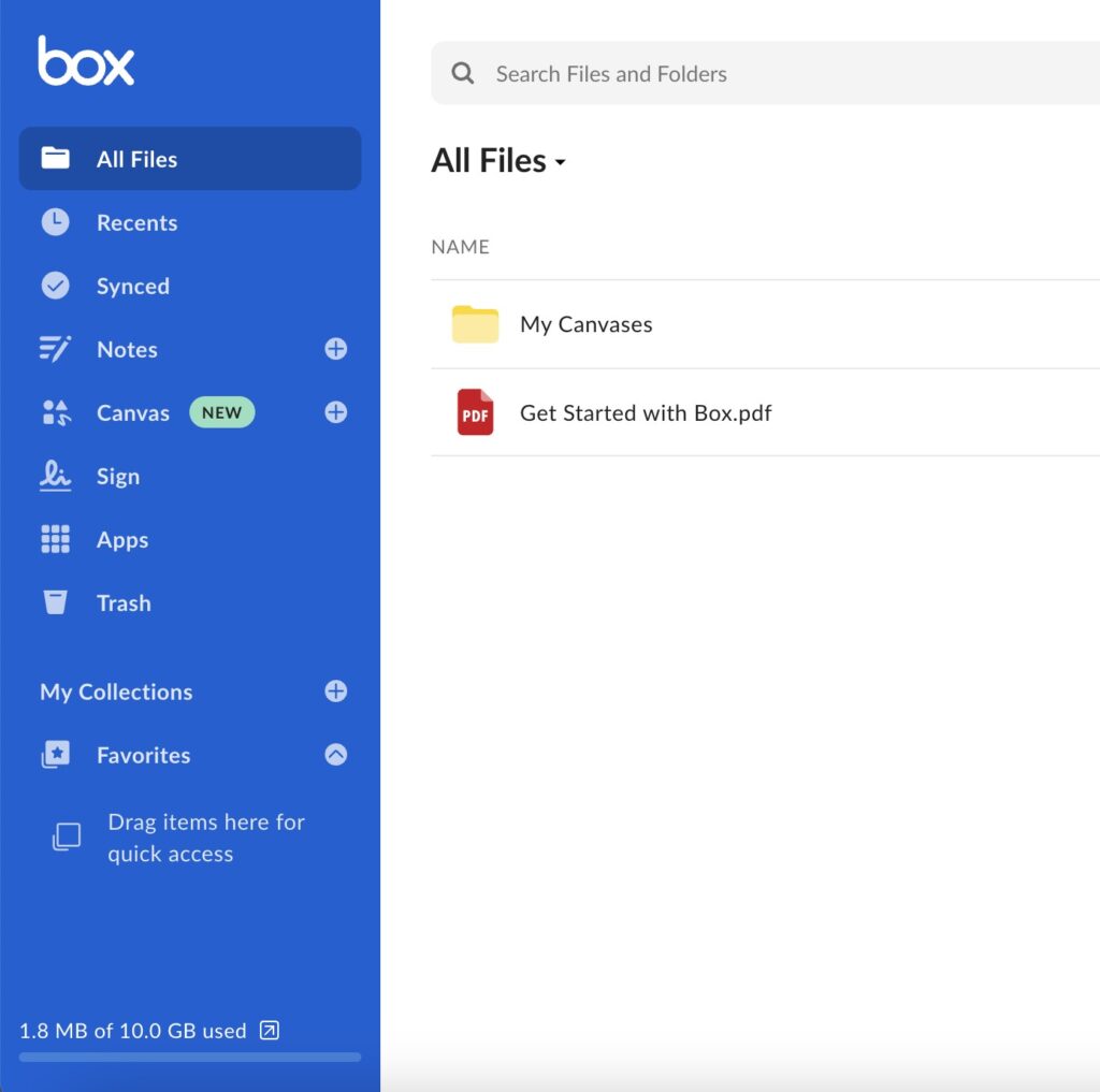 Box's web browser interface with side bar