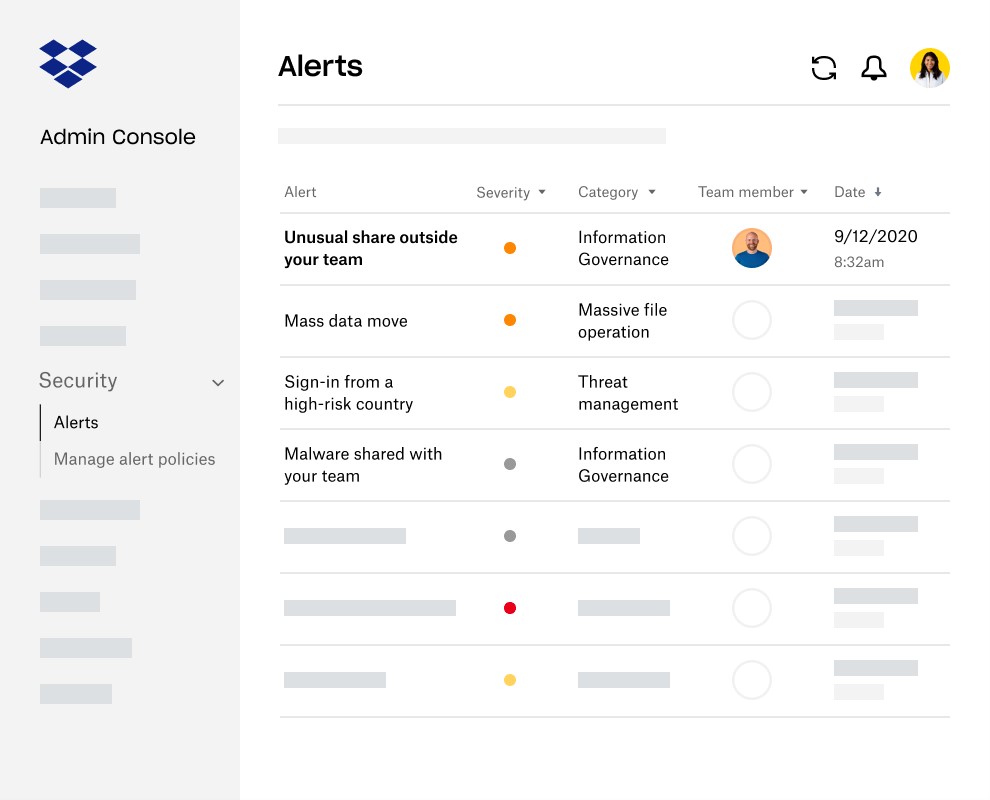 Dropbox admin console showing security alerts