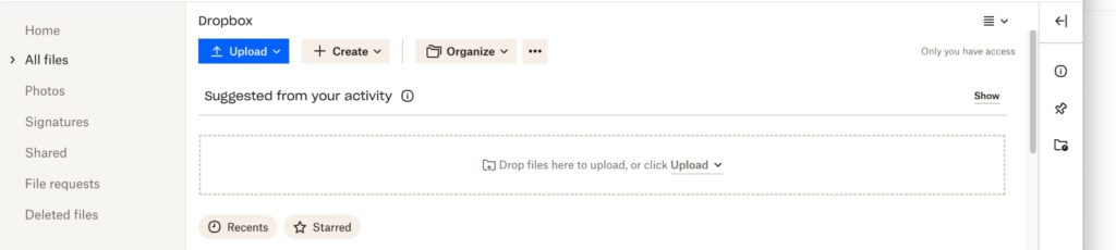 Dropbox's main page featuring a drag-and-drop bar