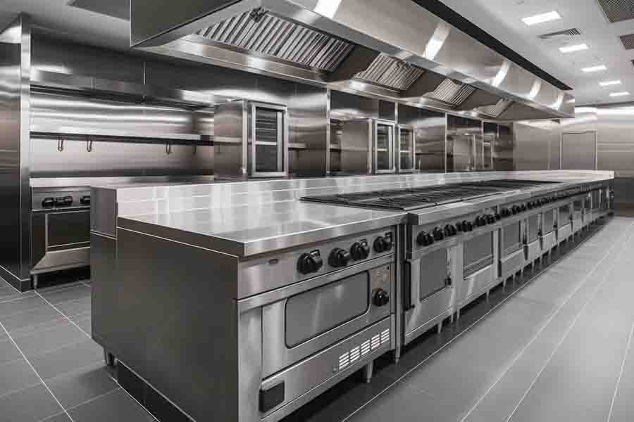 Modern commercial kitchen with sleek stainless steel ovens and ranges.
