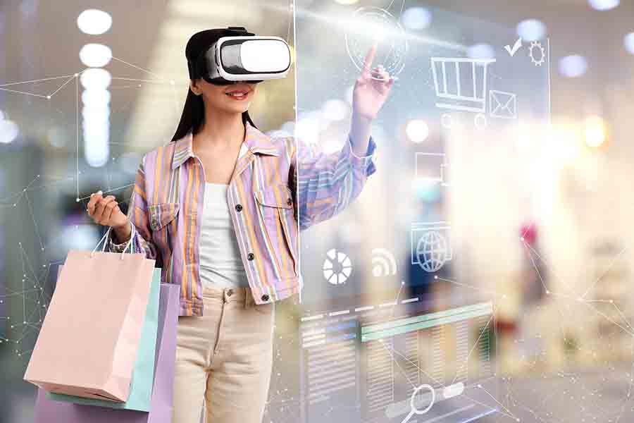 A woman shopping wearing a virtual reality gadget.