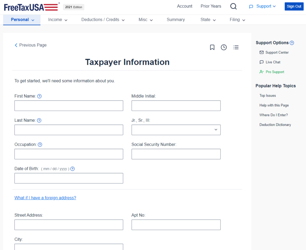 image of FreeTaxUSA's dashboard that shows fields for taxpayer information