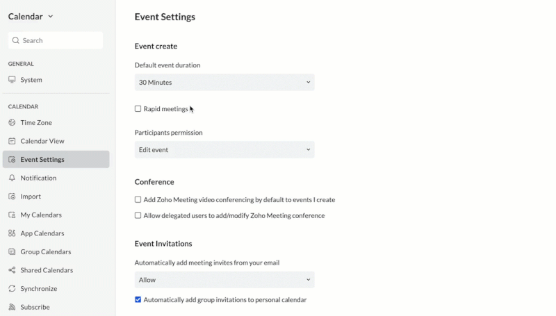 A Zoho Calendar user ticking off the Rapid meetings box in the Event Settings.