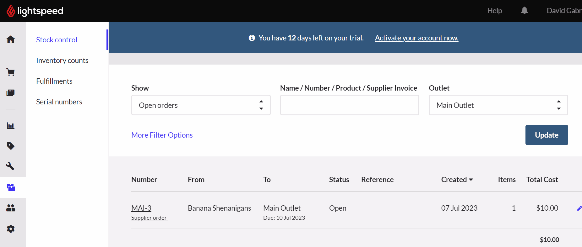 Receiving stock in Lightspeed dashboard.