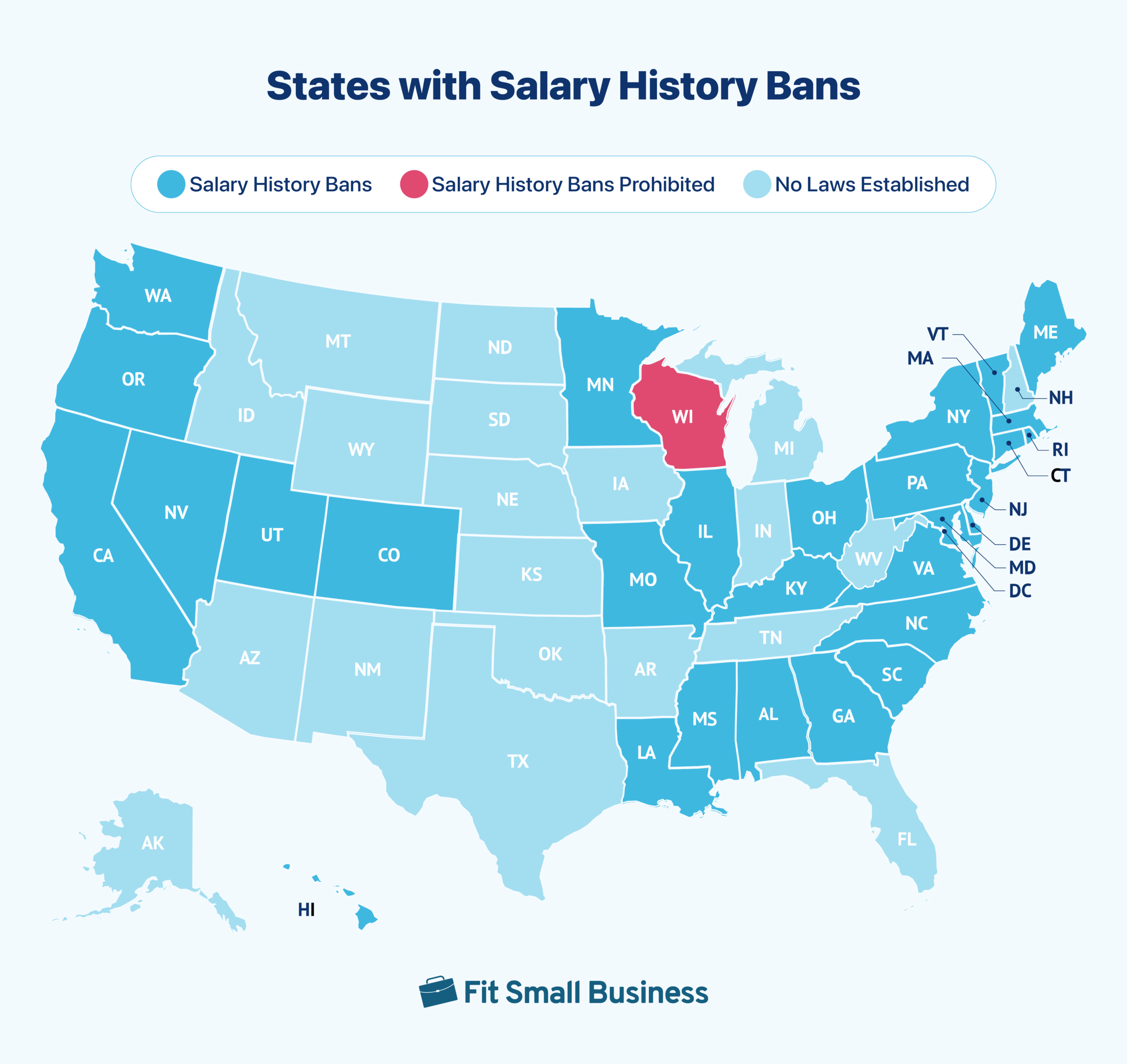 United States map color coded to show states with salary history bans.