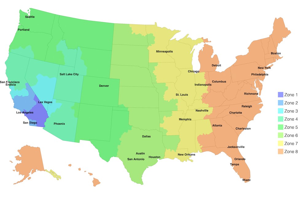 Map of the United States broken color-coded into 8 shipping zones.