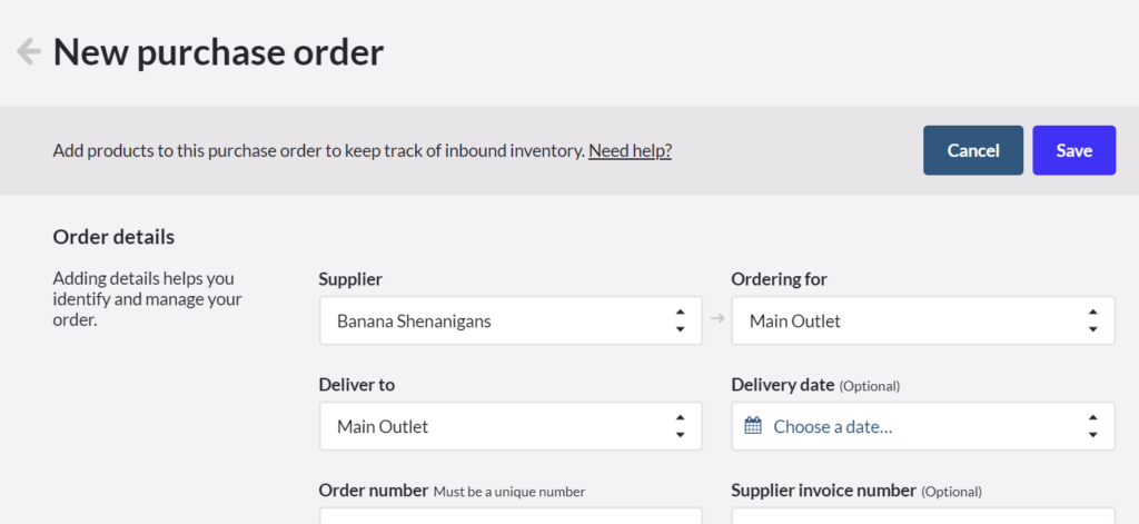 New purchase order setup page on Lightspeed POS.