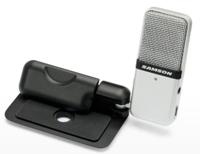An image of Samson Go Mic with cable clip and carry case.