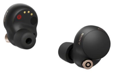 An image of Sony WF-1000XM4 earbuds in black.