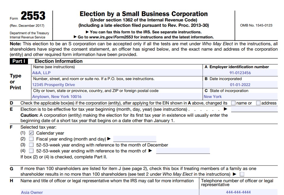 An example of a fictitious company's completed Form 2553, Part I, Lines A-H, Page 1