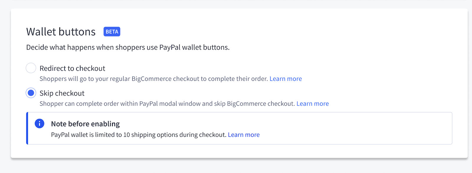 Screenshot of BigCommerce wallet buttons to configure PayPal Wallet Button checkout experience.