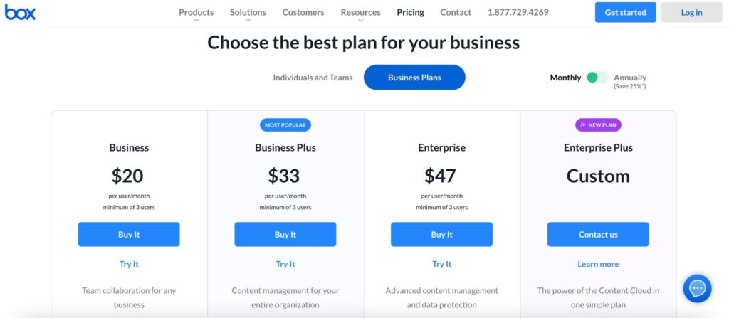 Screen capture of Box's business pricing options