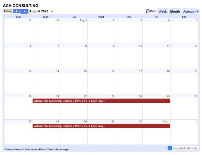 ACH Consulting course schedule for August 2023.