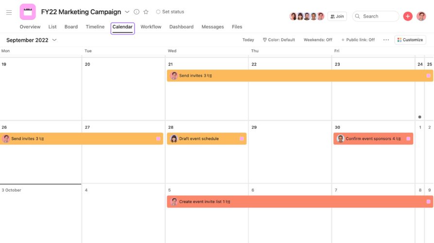 Asana's calendar view of tasks.