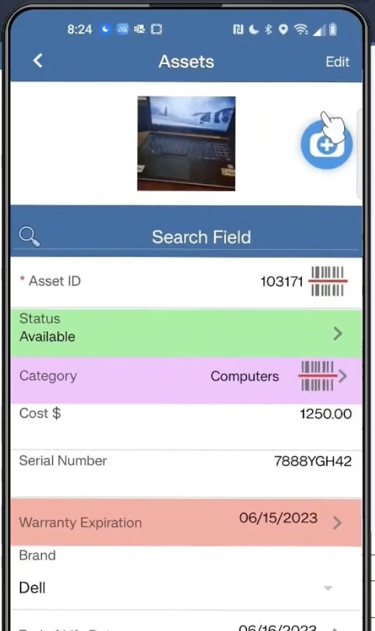 Image showing the mobile app view after scanning the asset's barcode.