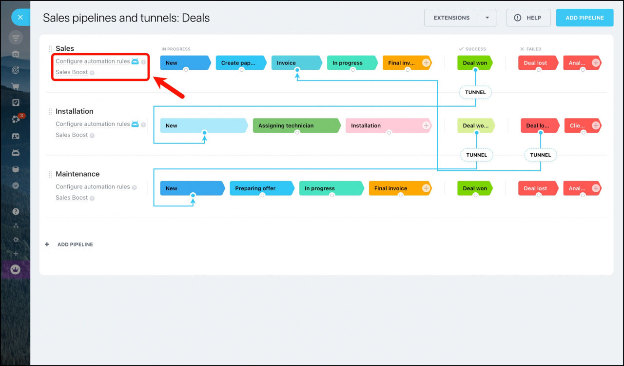 Connecting pipelines using sales tunnels in Bitrix24.