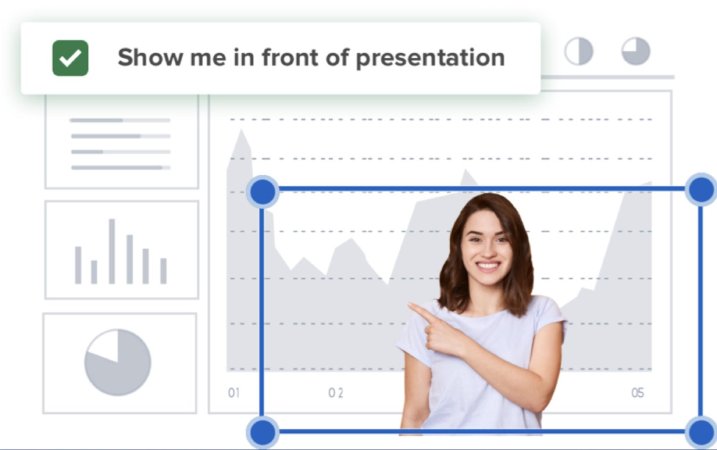 A screenshot of a meeting host image overlaid on a shared presentation.