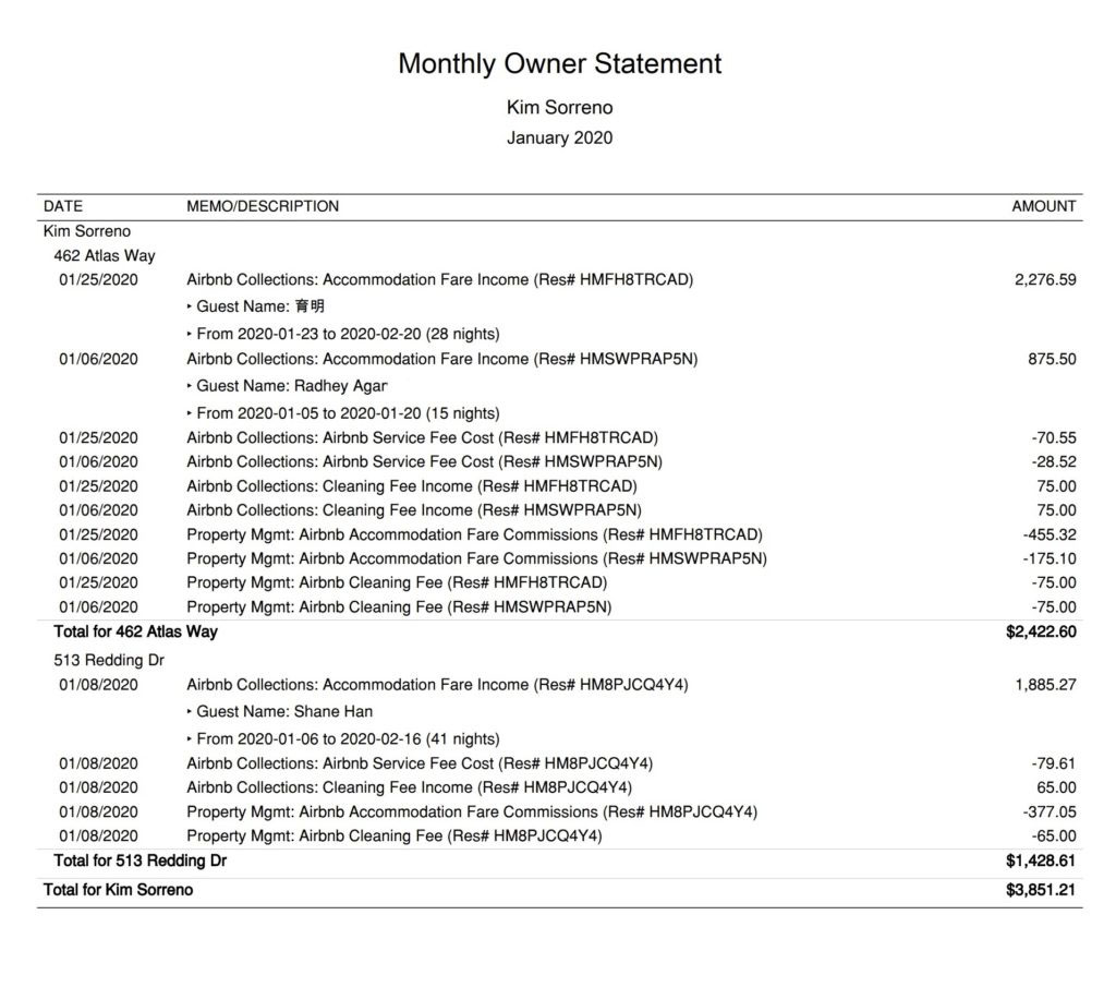 Image of a sample monthly owner statement in Bnbtally.