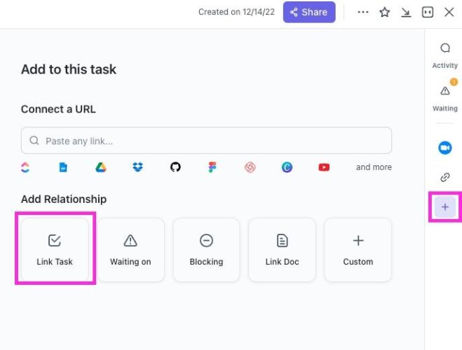 Creating a relationship link in a task record using ClickUp.