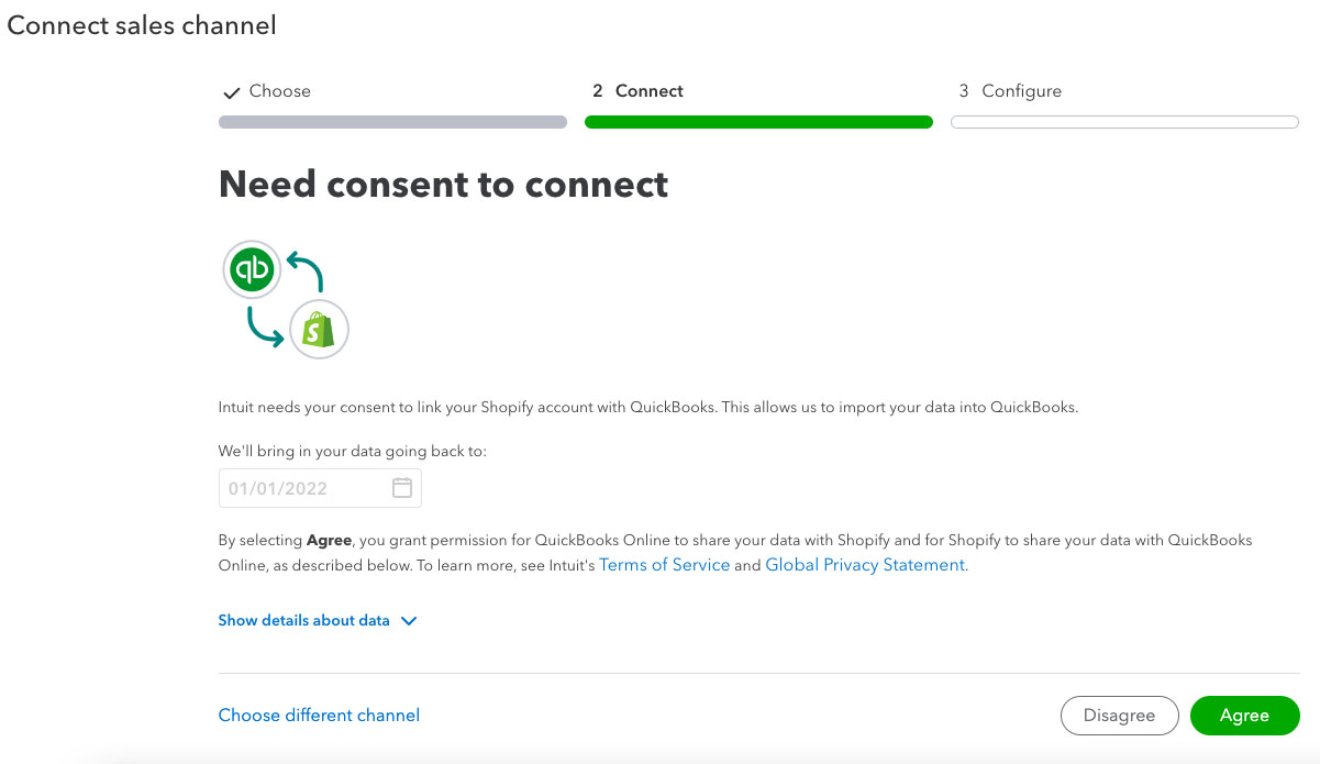 Screen where you can provide your consent to connect your Shopify account to QuickBooks.