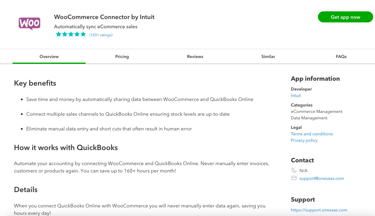 Page where you can directly connect WooCommerce Connector by Intuit to QuickBooks from the app marketplace.