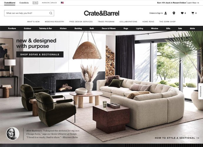 Crate and Barrel homepage featuring design and purpose.