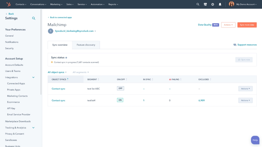 Creating data sync flows between HubSpot CRM and Mailchimp.