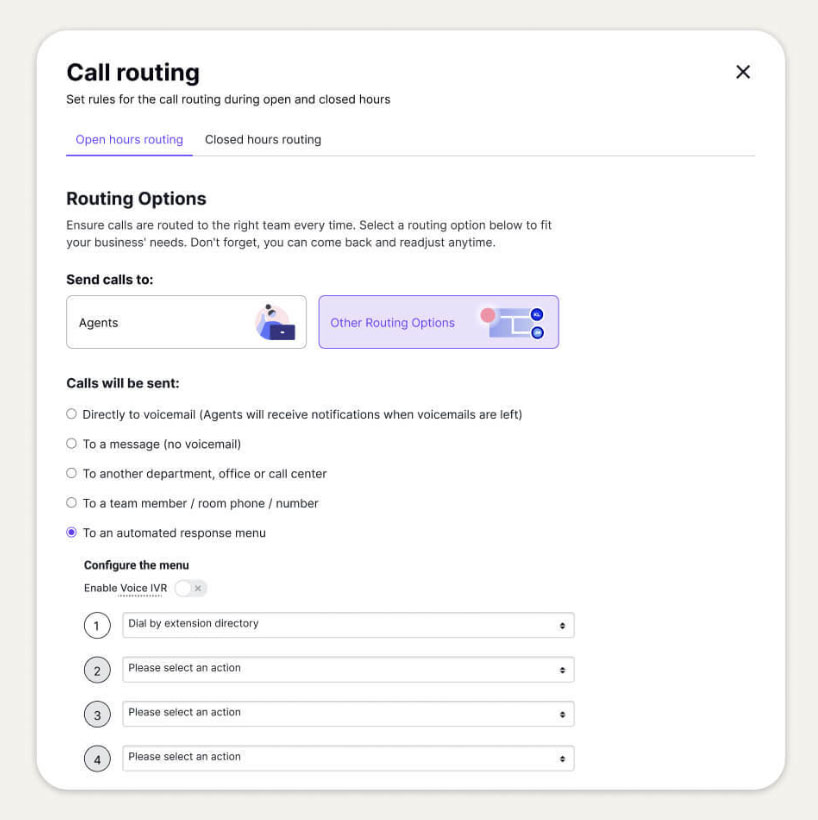 A screenshot of how to configure call routing on Dialpad account.