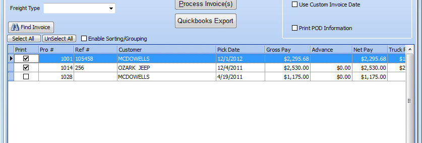 Screen where you can export multiple driver pay settlements from Dr Dispatch to QuickBooks.