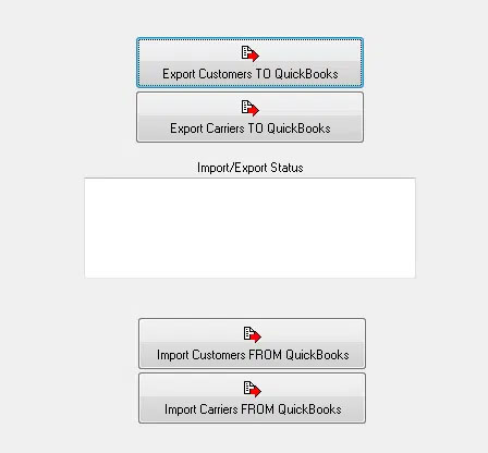 Export and import buttons in Dr Dispatch, which are used to transfer data like customers and carriers between Dr Dispatch and QuickBooks.