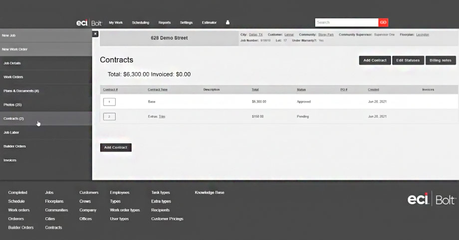 Contract management feature in Bolt showing a list of contracts and their statuses.