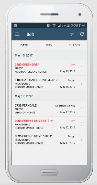 Bolt's mobile interface showing tabs for date, city, and builder.