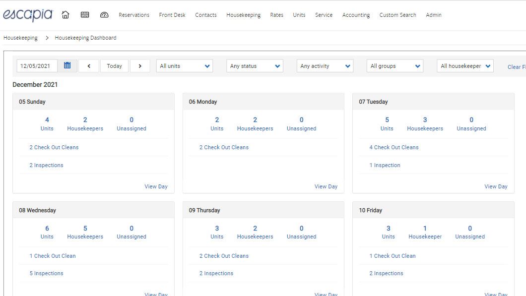 Image of Escapia's housekeeping dashboard that shows a calendar and number of check out cleans and inspections.