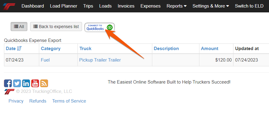 Expense list page in TruckingOffice highlighting the QuickBooks connector button