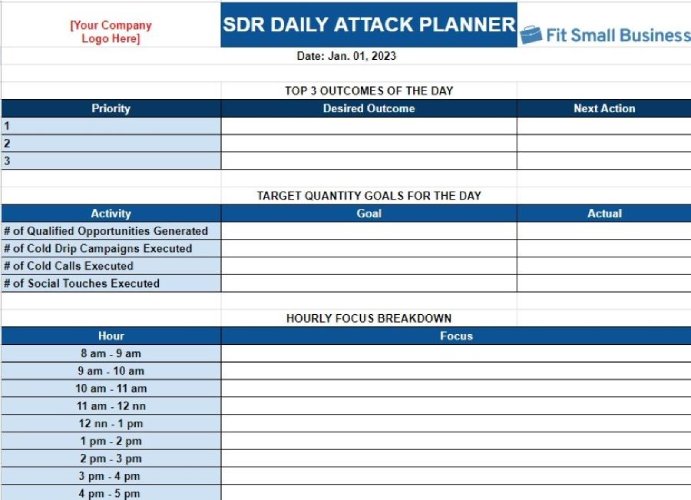 A screenshot of Fit Small Business' SDR daily attack planner.