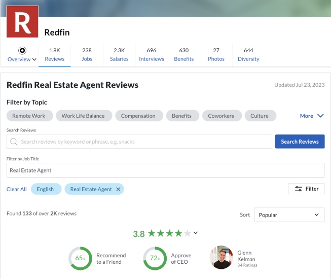 Screenshot of Glassdoor reviews for Redfin.