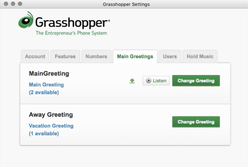 Grasshopper's message settings for main greetings and away greetings.