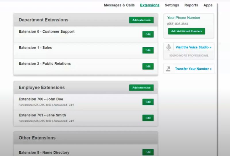 Screencapture of Grasshopper's phone extension settings page.