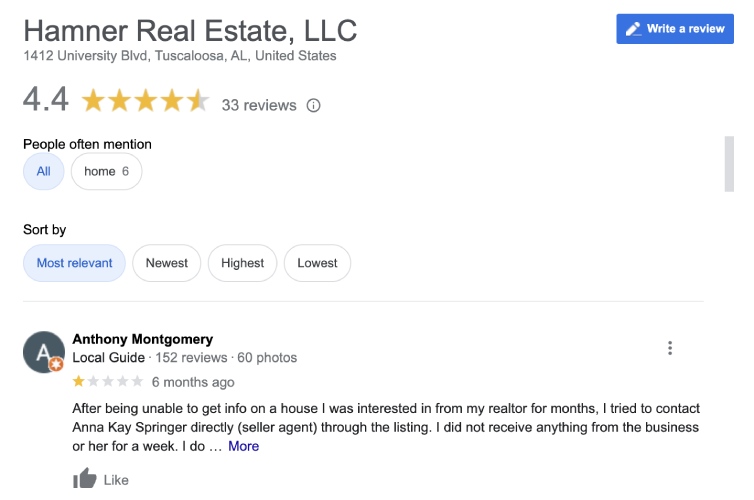 Screenshot of Hammer Real Estate LCC online reviews.