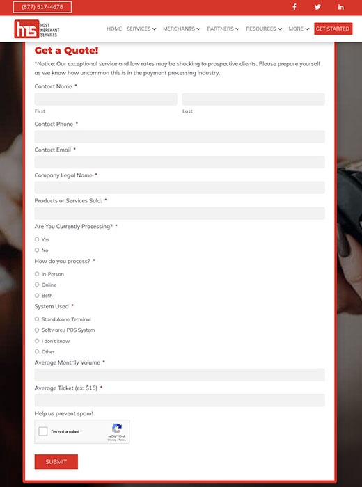 Quote request form on the Host Merchant Services website.