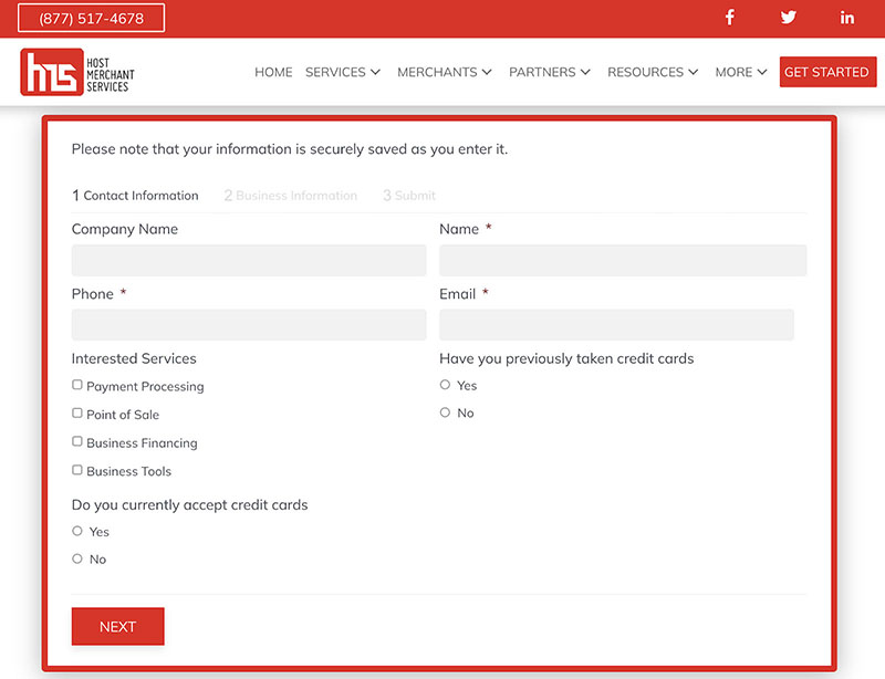 Host Merchant Services online application form.