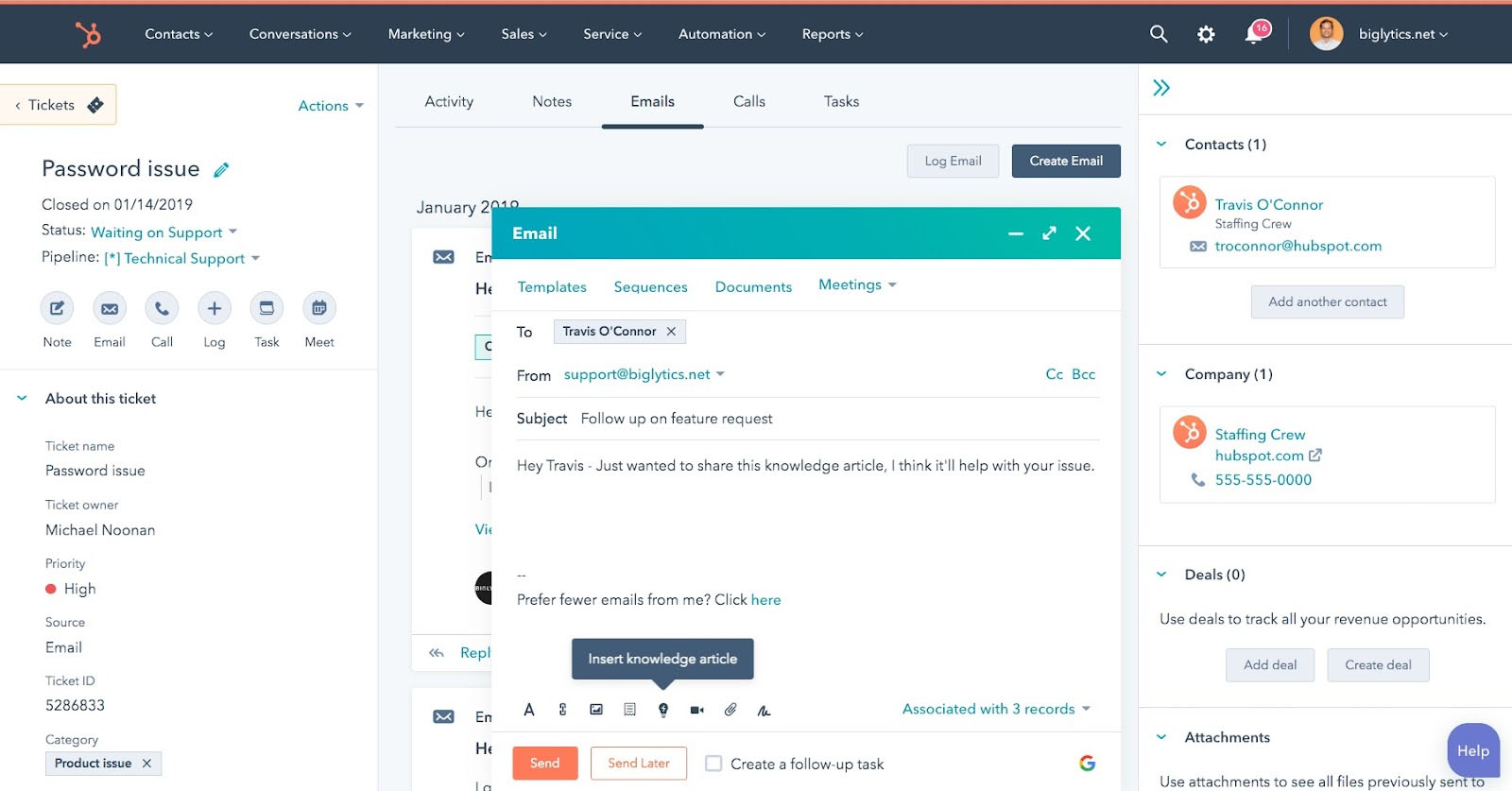Emailing a customer from a ticket in HubSpot Service Hub.