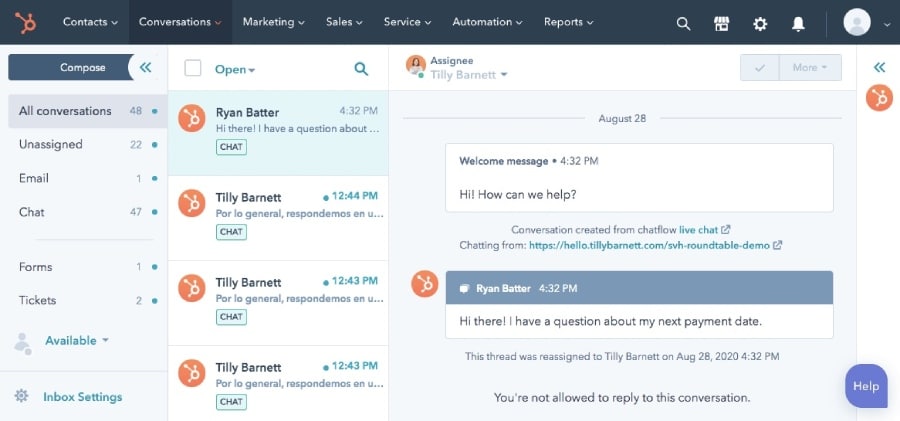 Monitoring customer conversations in a single inbox using HubSpot Service Hub.