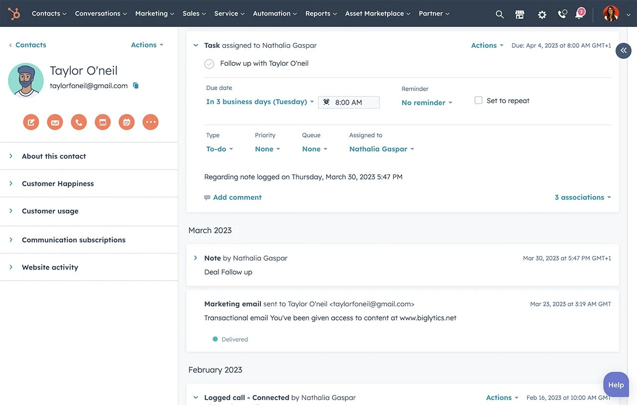 Viewing a contact record timeline in HubSpot CRM.