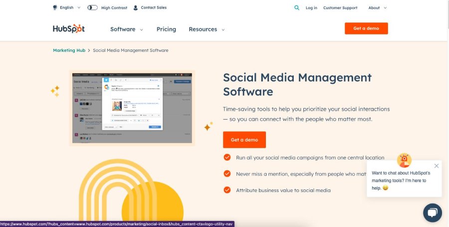 Social Media Management page of the Hubspot website.
