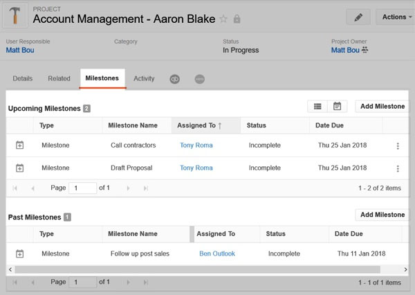 An example of Insightly CRM's project management system accessed from an account record.