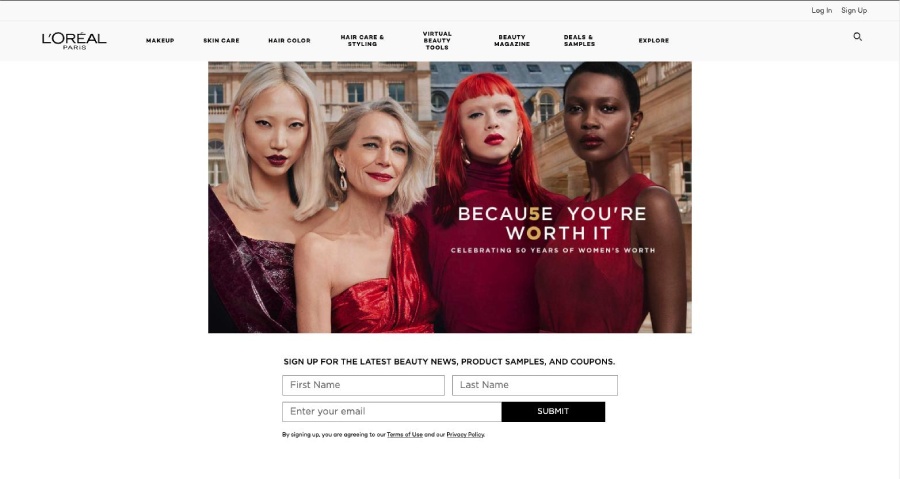 L'Oreal homepage showing "Because you're worth it" slogan.