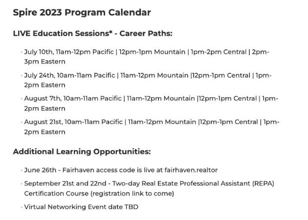 NAR Spire 2023 program calendar.
